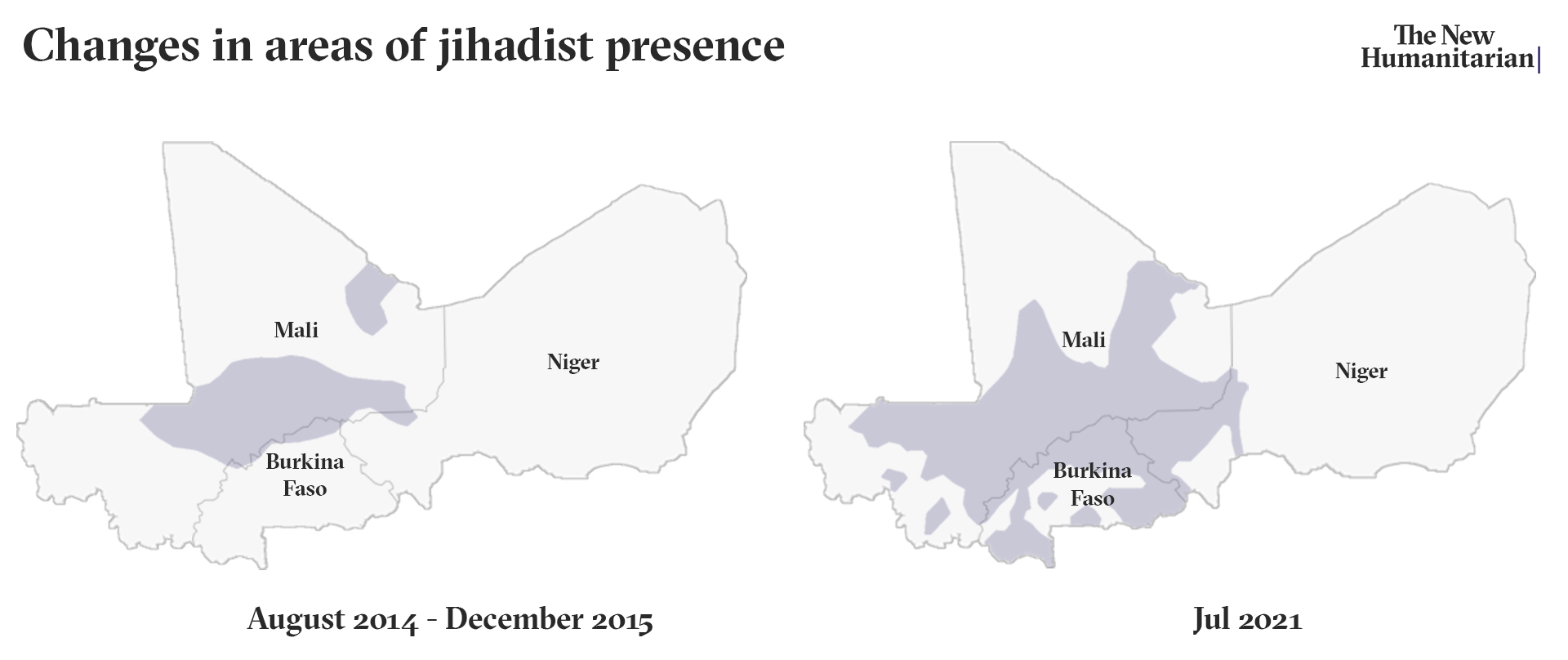 A map showing changing areas of jihadist presence in Mali over time.
