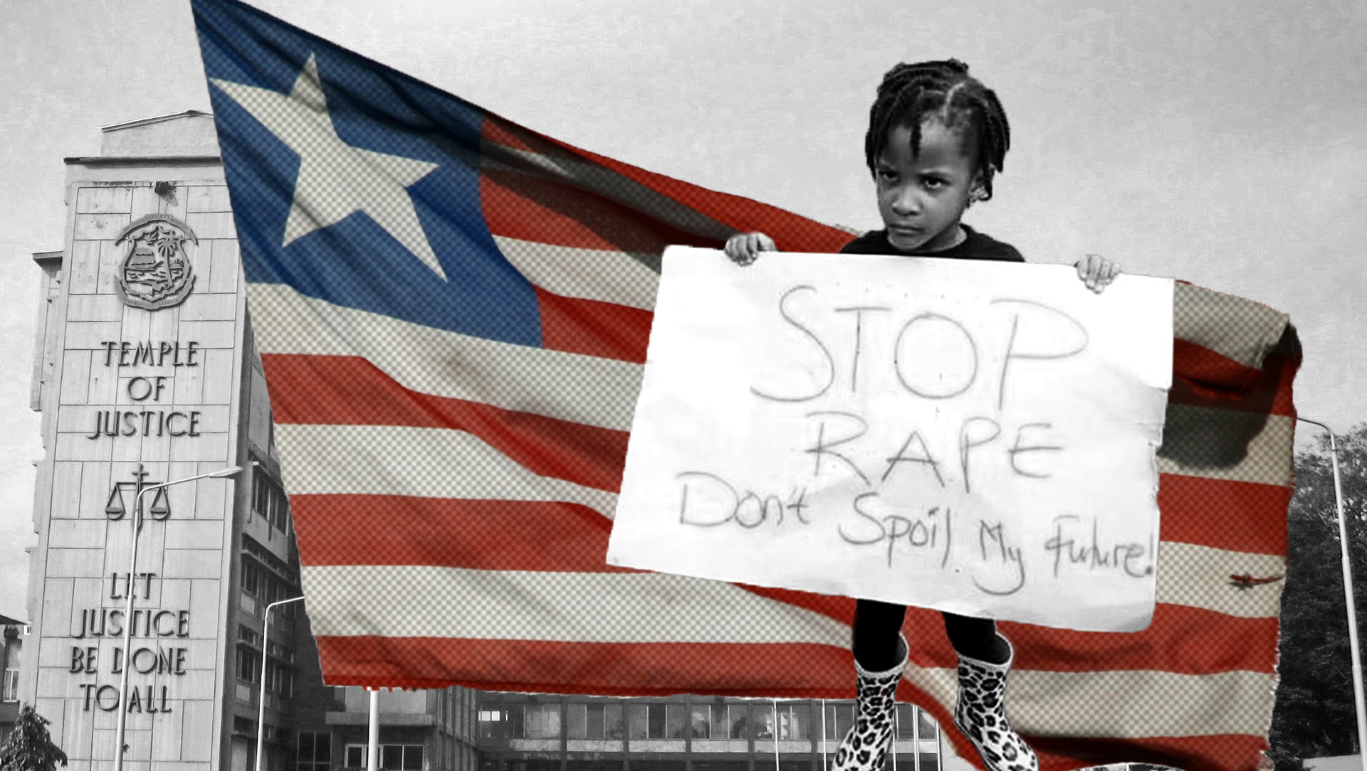 A graphic of a young girl at a protest in Liberia, holding a sign that reads 'stop rape, don't spoil my future!'