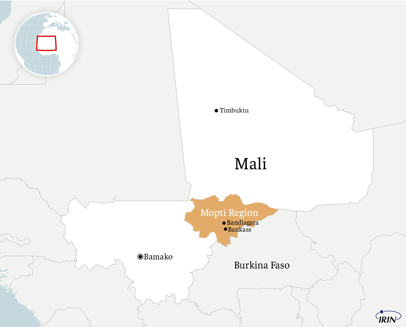 Map of Mali showing Mopti Region, Timbuktu and Bamako