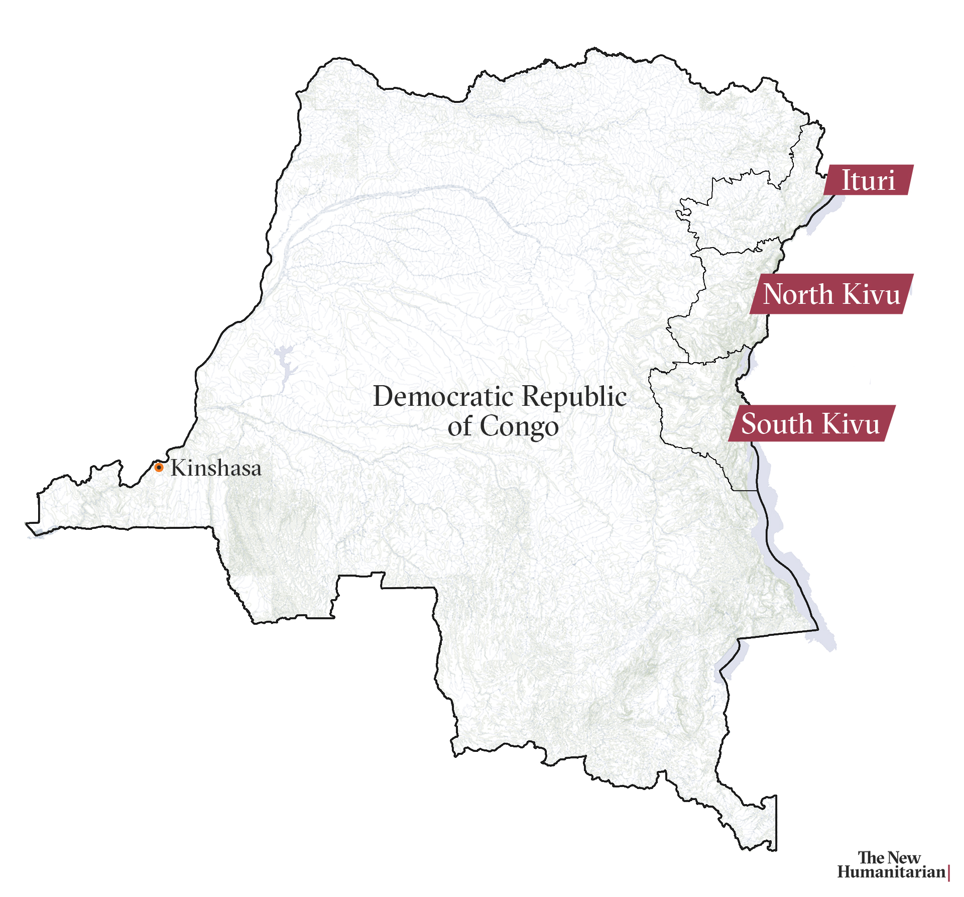 Map of Democratic Republic of Congo (DRC) including South Kivu, North Kivu, and Ituri