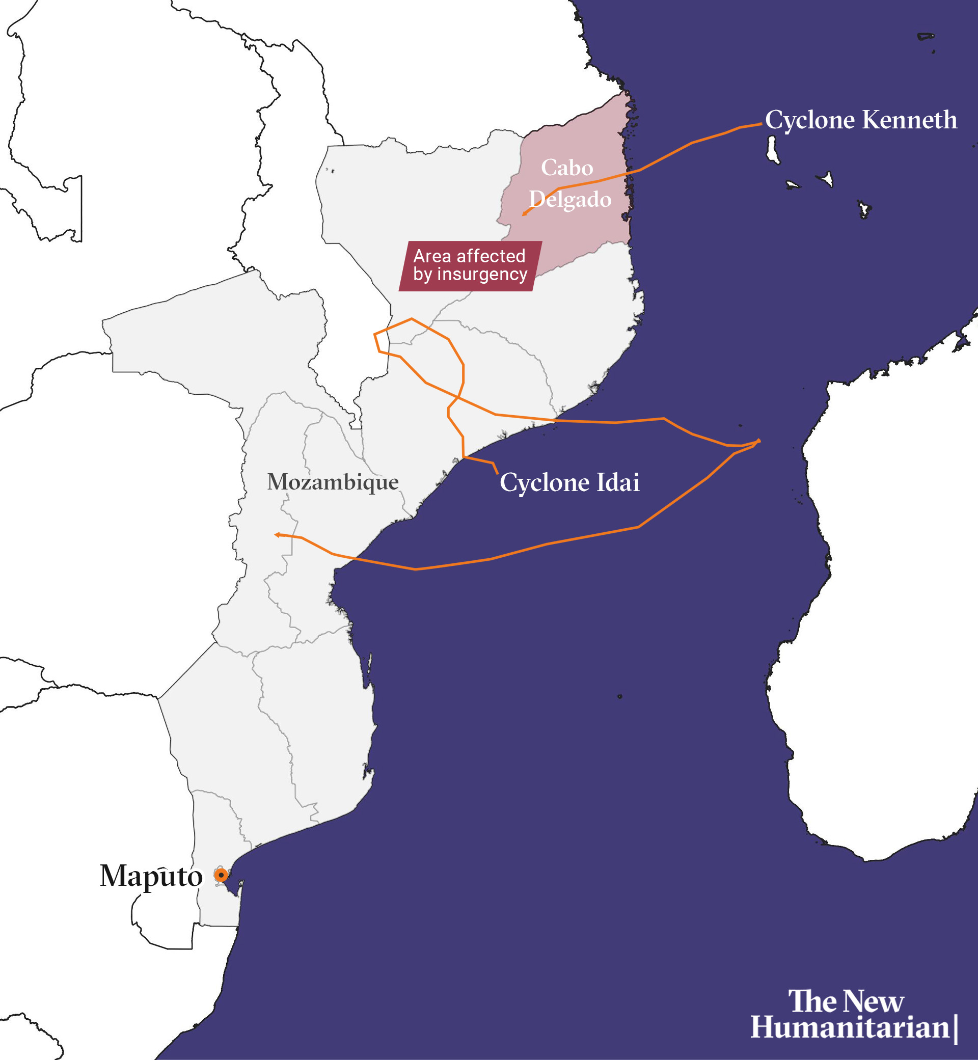 Map of Mozambique showing paths of Cyclone Idai and Kenneth as well as Cabo Delgado insurgency.