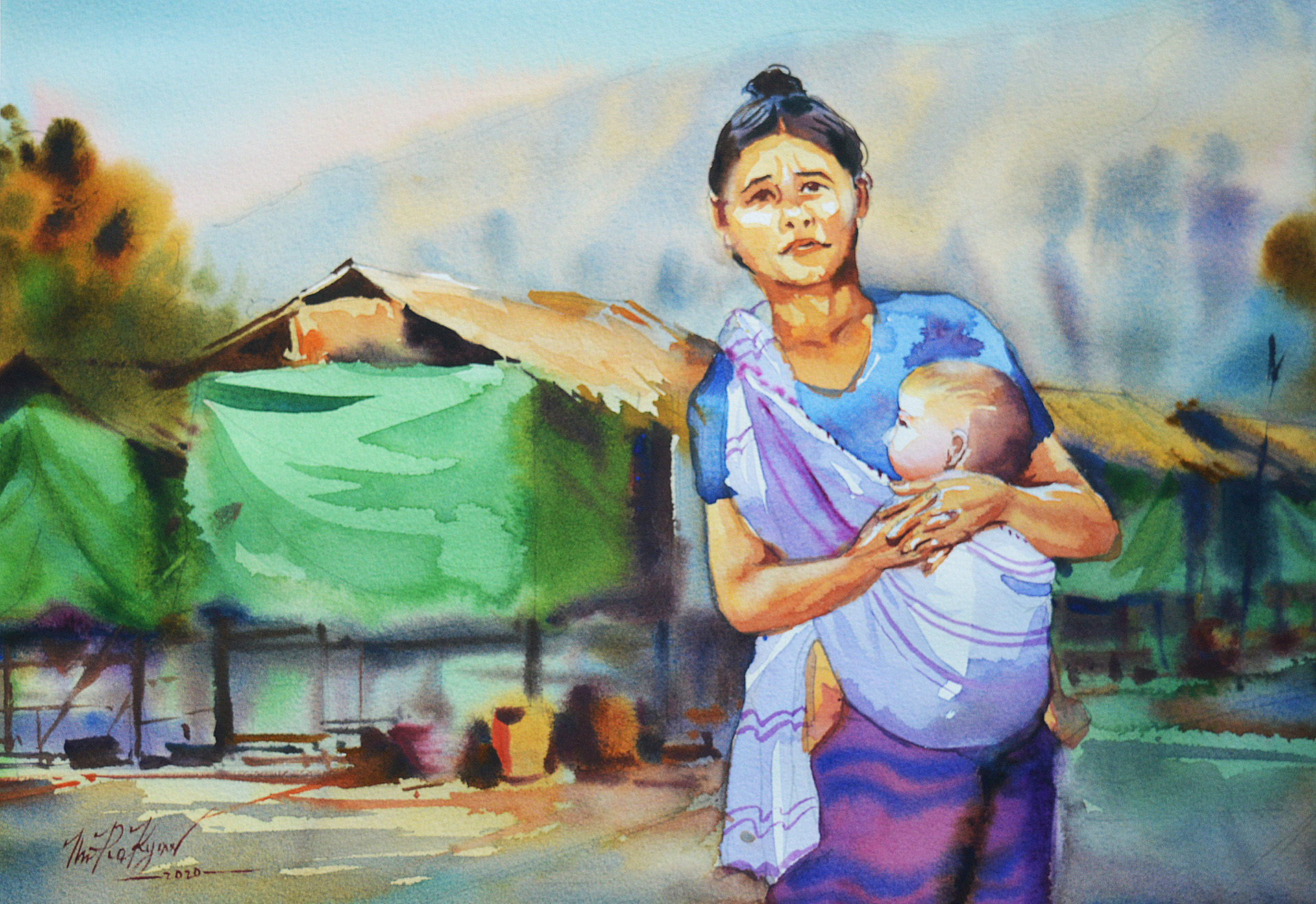 An illustration of a displaced woman and child