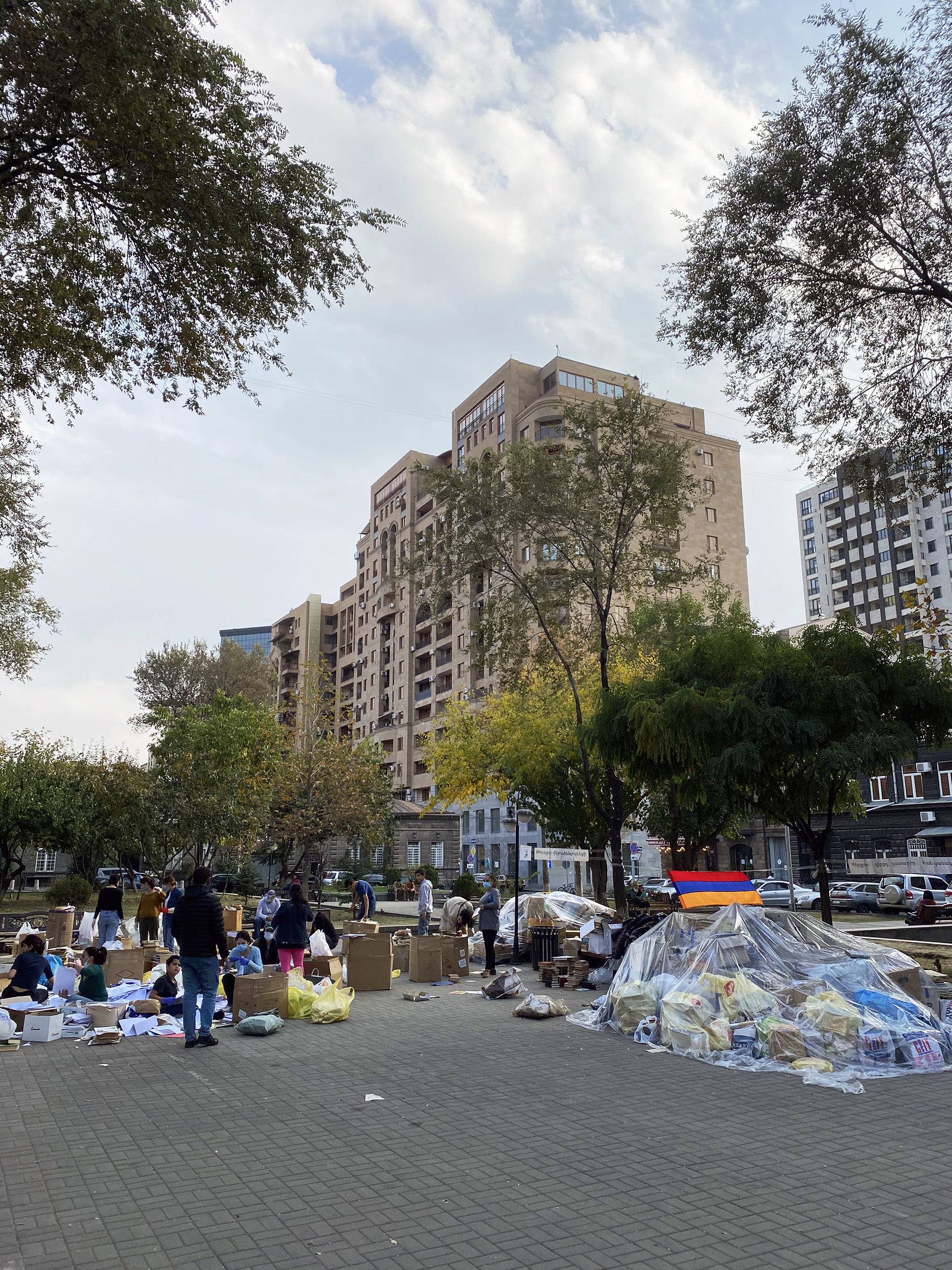 At a park in central Yerevan, one of the numerous collection points set up for donations to people from Nagorno Karabakh.