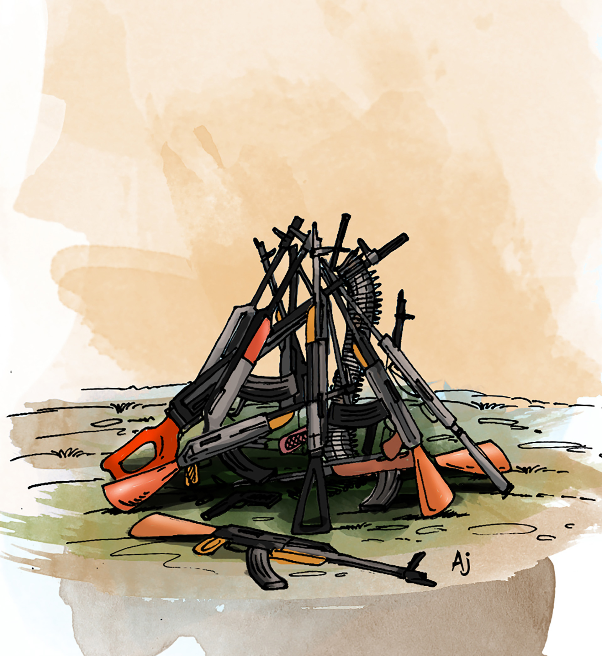 An illustration shows a pile of weapons.