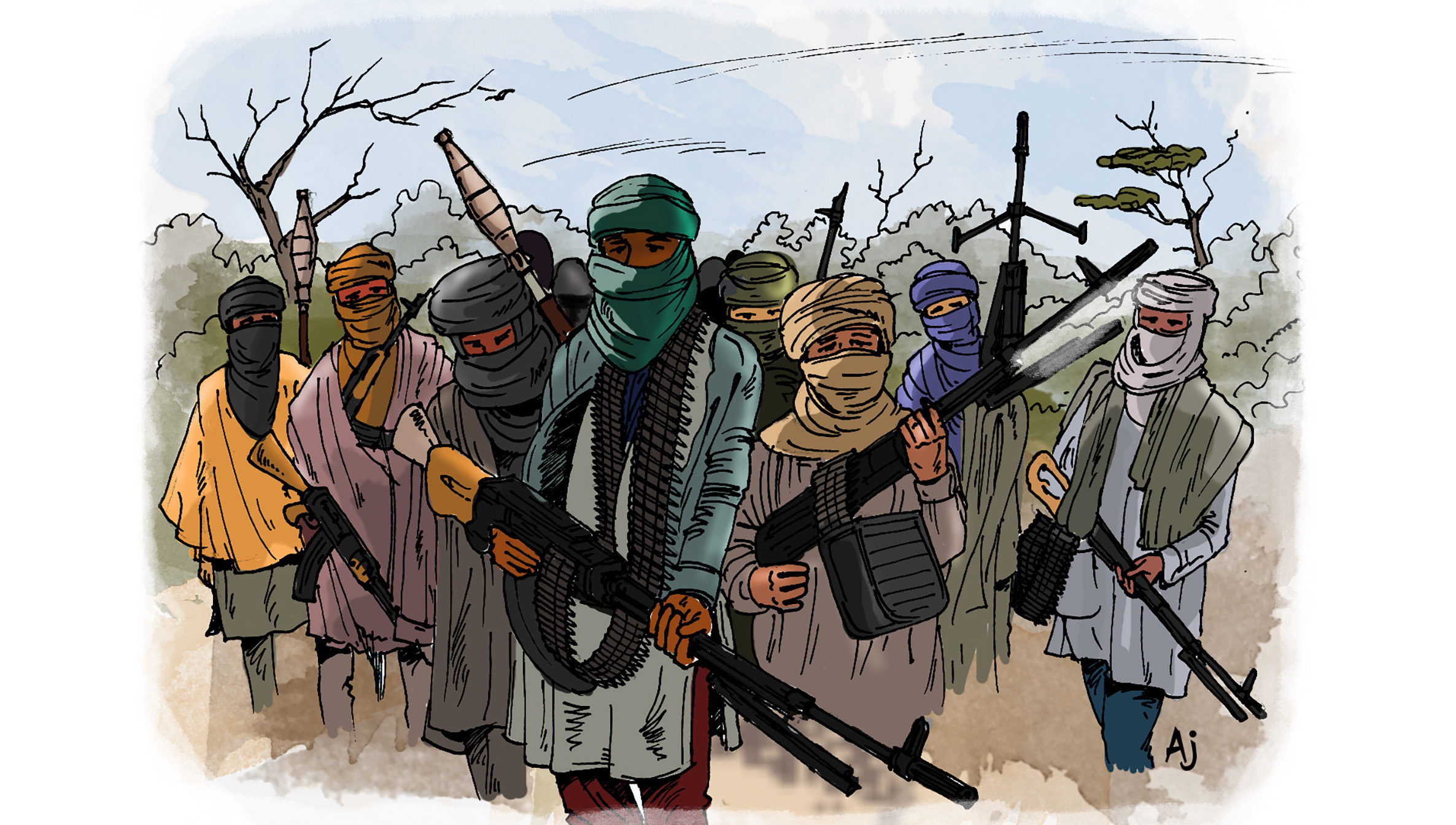 An illustration shows a group of bandits standing together holding weapons.