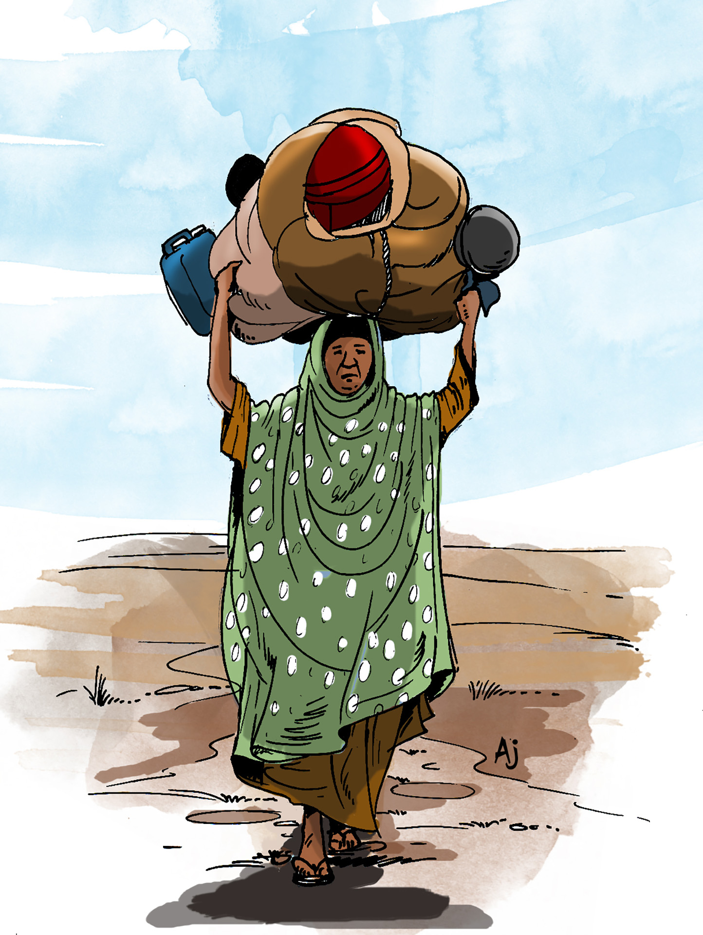 An illustration shows a woman carrying goods over her head.