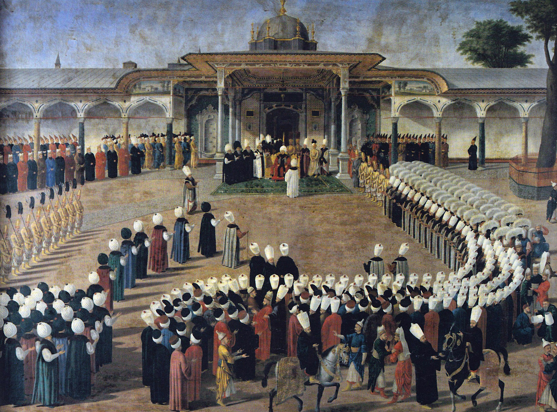 Selim III receiving dignitaries during an audience at the Gate of Felicity, Topkapı Palace.