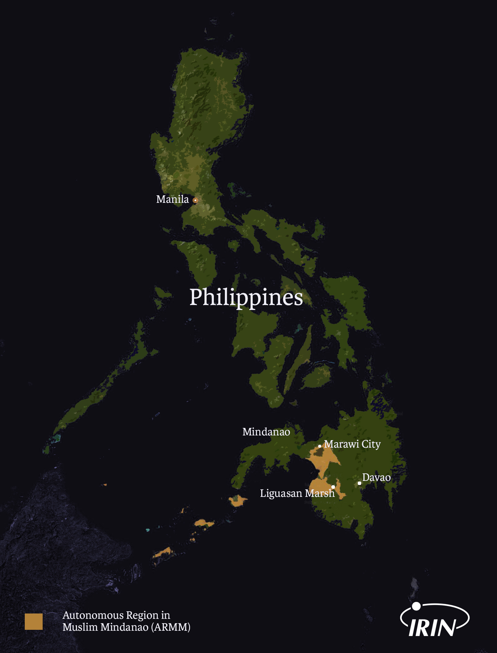Map of Philippines including ARMM, Mindanao, Marawi City, and Liguasan Marsh