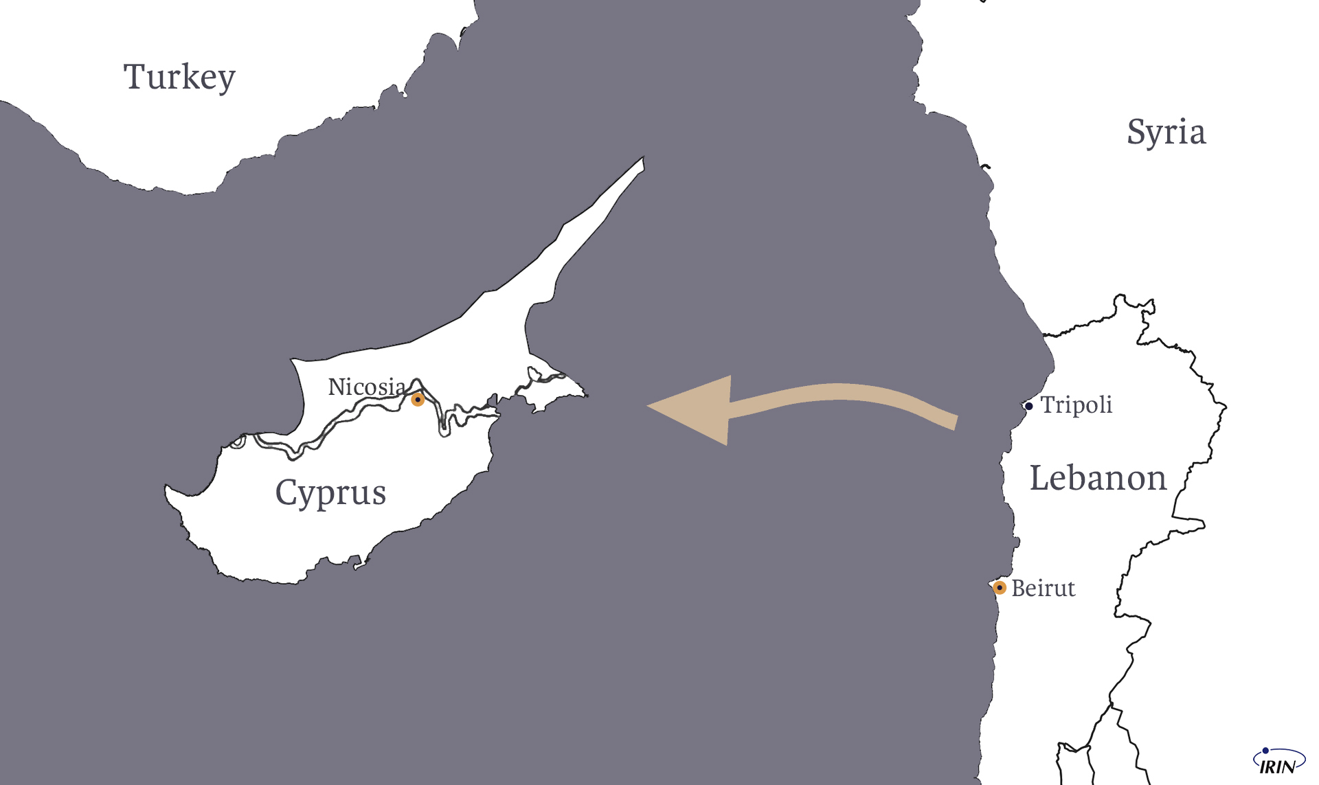 Map showing Lebanon, including Tripoli and Beirut, as well as Cyprus and northern Syria