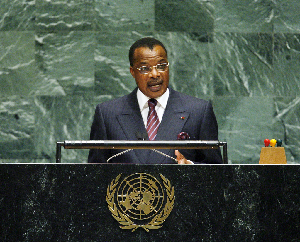 Denis Sassou Nguesso, President of the Republic of the Congo, stands at a podium at the UN