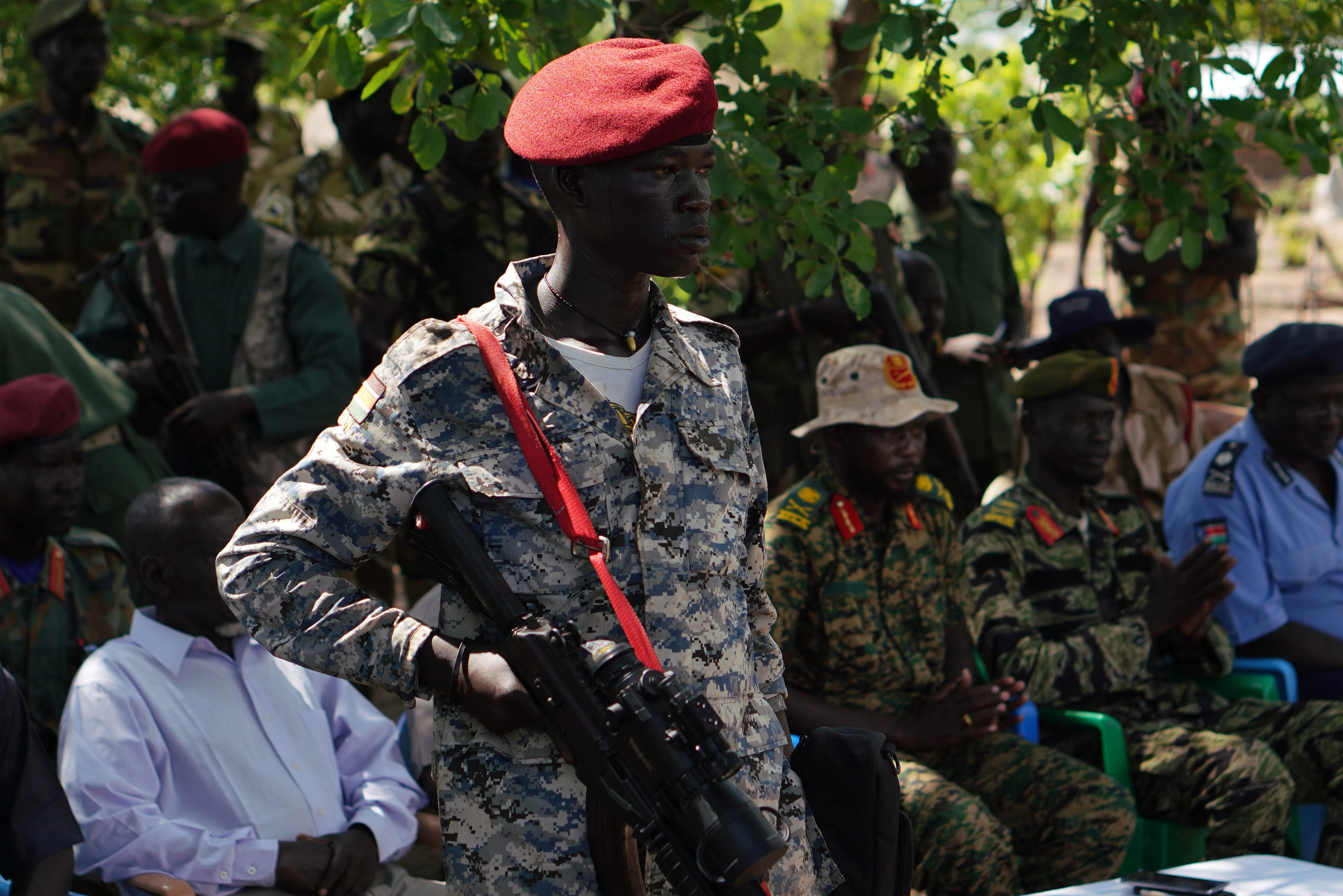 Soldiers from SPLA/IO (Sudan's People Liberation Army in Oposition) are attending a visit from JMCC (Joint Military Ceacesfire Comission).