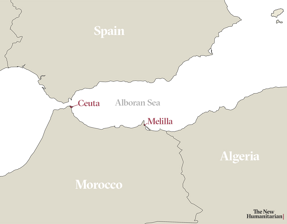 Map showing Spain, Morocco, Algeria, with the Alboran Sea and Ceuta and Melilla