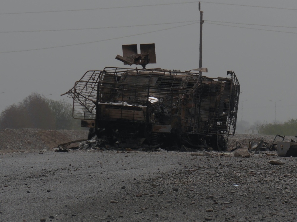 A UAE vehicle destroyed by a land mine in Green City district of Aden, Yemen.