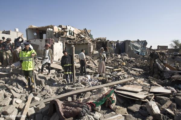An image shared by Oxfam showing a house destroyed in Yemen