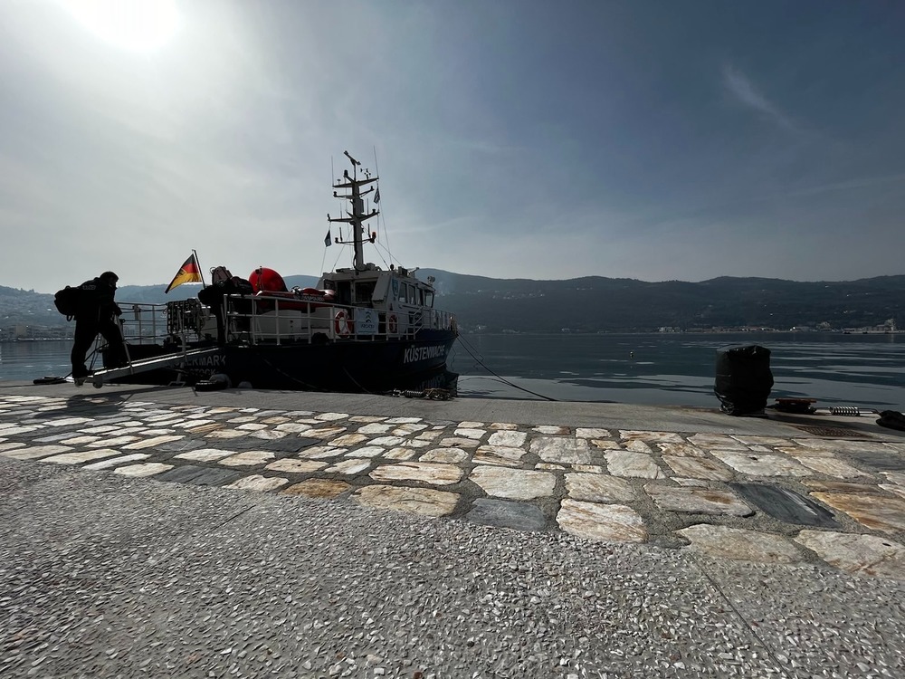 Frontex officers on rescue ships such as this German-flagged vessel, pictured in February 2022 at a pier on the Greek island of Samos, often identify who is driving the migrant boats, leading to charges once people are brought ashore.