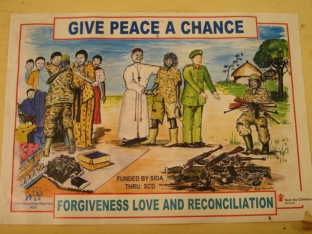 Poster promoting peace in northern Uganda between LRA and government