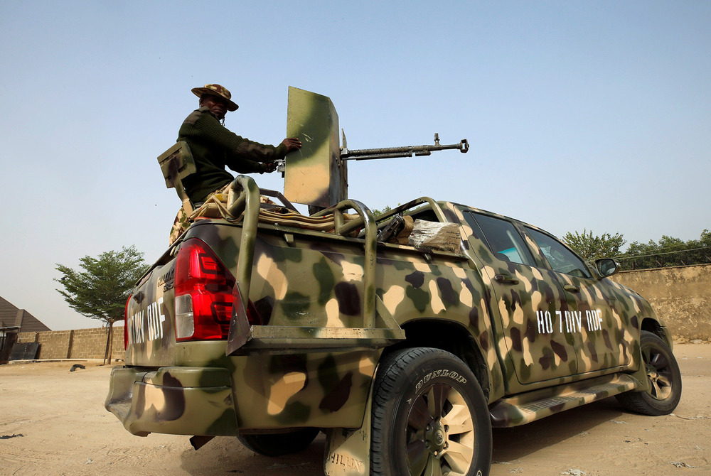 Soldiers cordon off the Polo area of Maiduguri after a Boko Haram attack in February 2019.