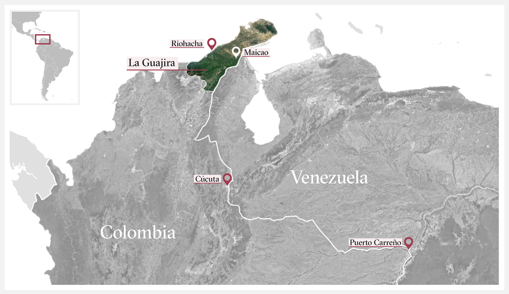 Map of the Venezuela-Colombia border with various map markers