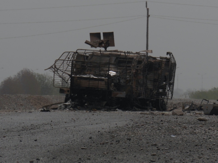 A UAE vehicle destroyed by a land mine in Green City district of Aden, Yemen.