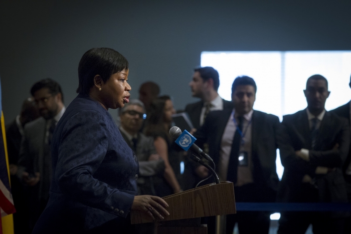 Fatou Bensouda, prosecutor of the International Criminal Court, speaks to journalists after a briefing at the UN Security Council in May 2016.