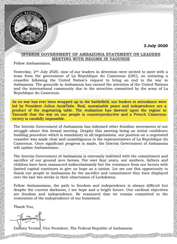 An image of a press release in which AyukTabe announces the start of ceasefire talks