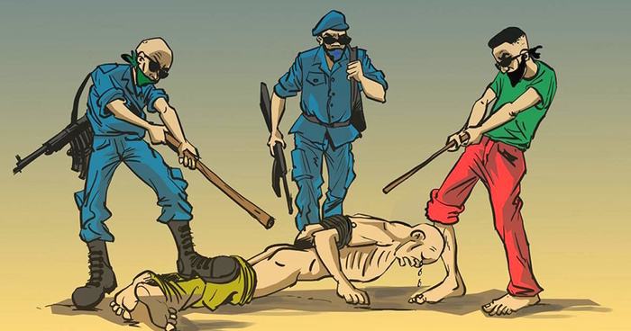 A Burundian artist’s drawing of a fictional case of policemen and an intelligence agent torturing a detainee.