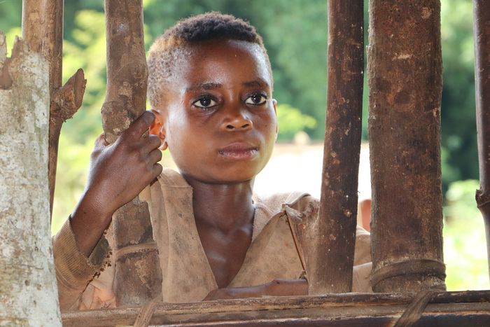 A young boy peers through wooden slats, listening to a meeting between traditional healers and aid workers outside of Biakato town in Ituri province.
