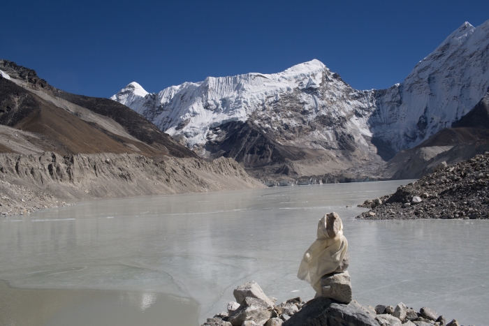 Imja Lake has become one of the biggest glacial lakes due to glacial melt over the past few decades. It's now 1.28 square kilometres with a depth of 150 metres.
