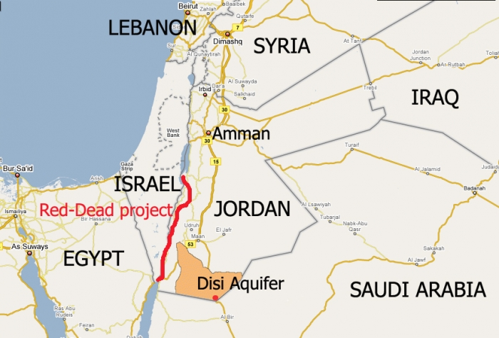 A map of Jordan and the surrounding region highlighting Desi Aquifer and the Red-Dead project.