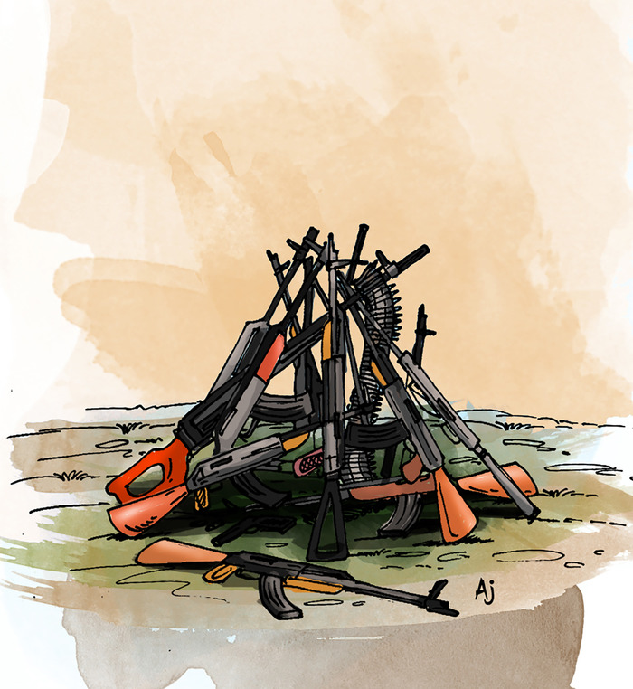 An illustration shows a pile of weapons.
