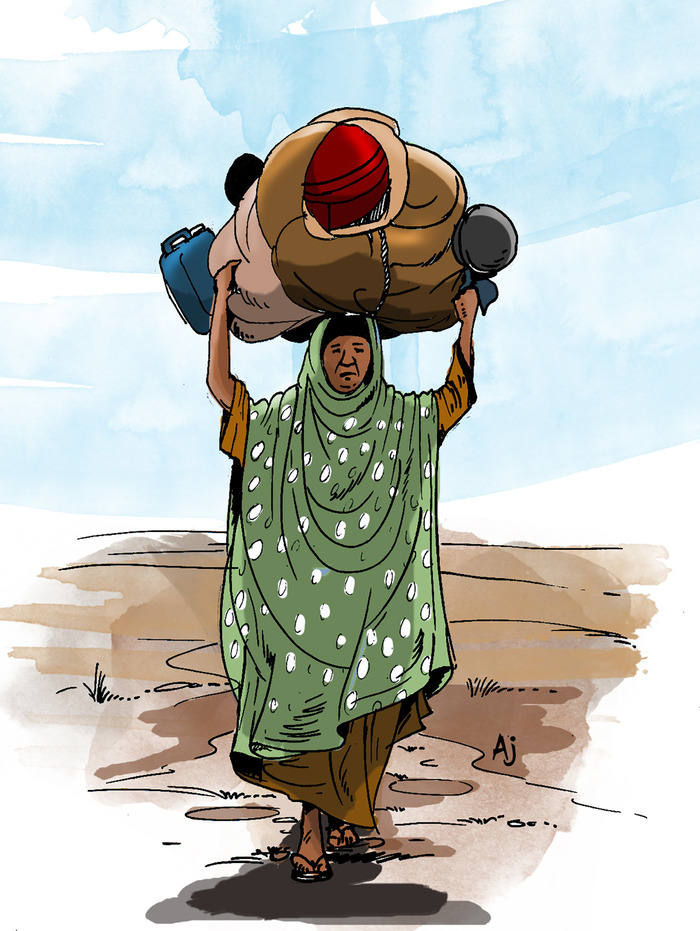 An illustration shows a woman carrying goods over her head.