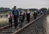 Syrian refugees reach Hungary by following a Serbian rail track