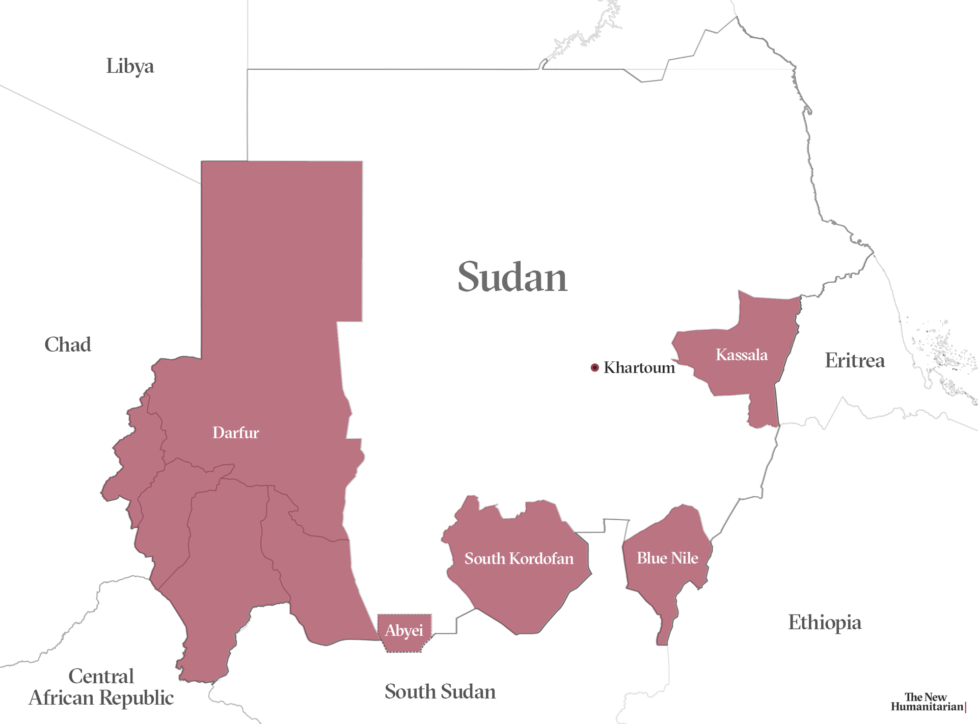 Map of sudan showing Darfur, South Kordofan, Blue Nile, Kassala, and Abyei