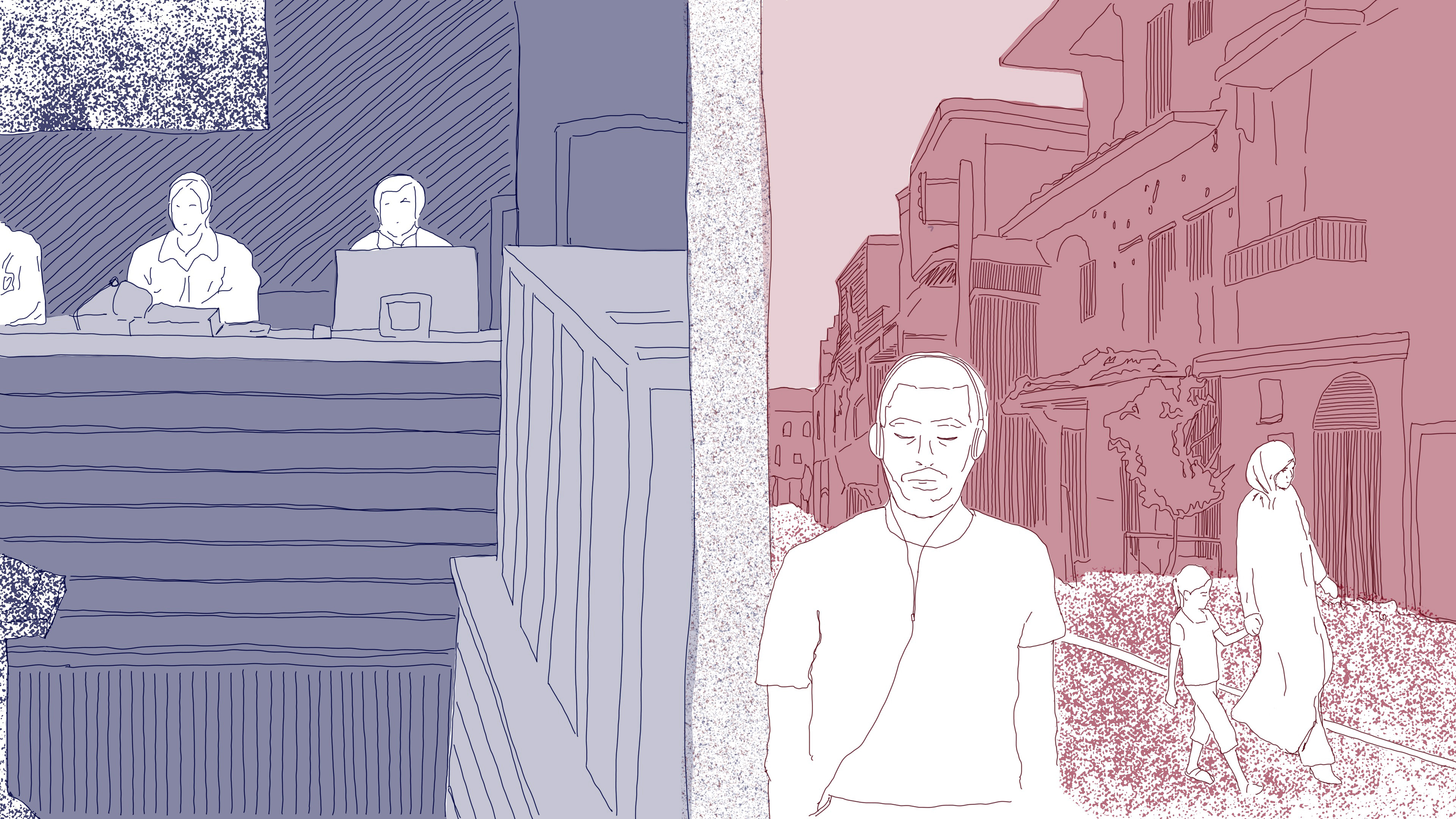An illustration depicting the Koblenz court on the left-hand side, and a street in Syria on the other.