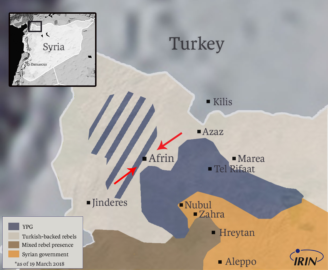 A map of northwestern Syria including Afrin, Aleppo and showing different groups territory