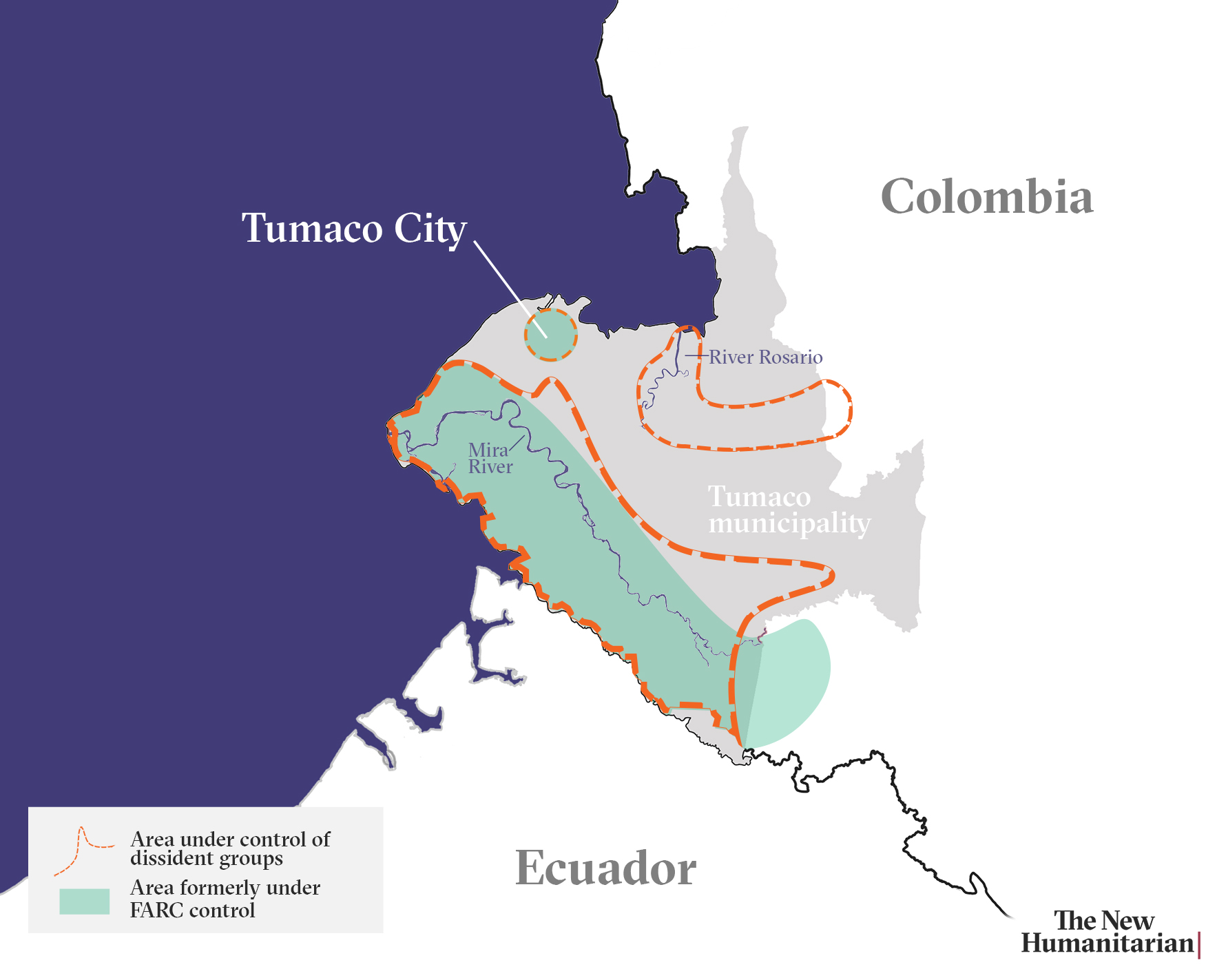 Map of Tumaco showing control by dissidents compared to formerly FARC territory