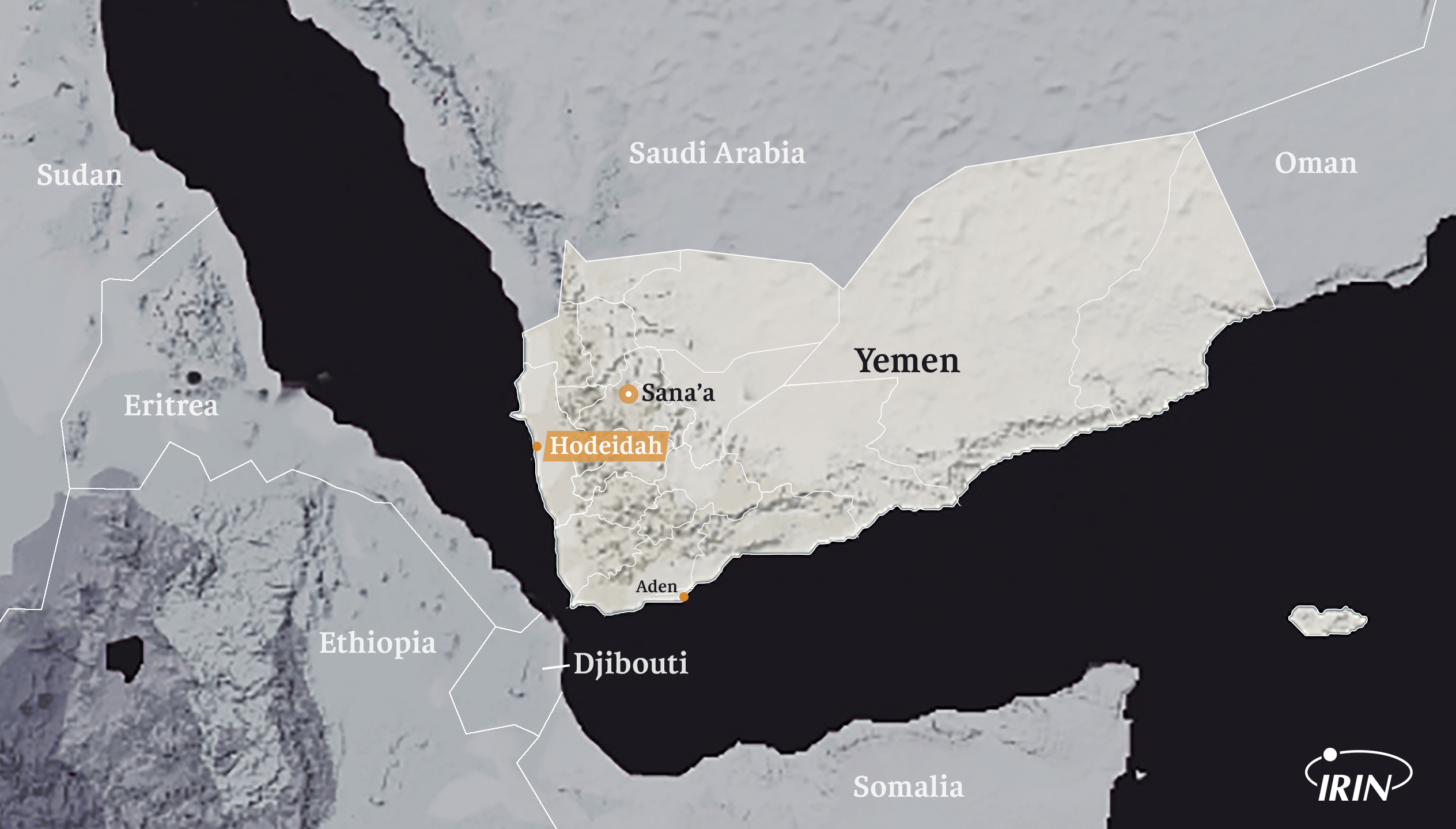 Map of Yemen showing neighbouring countries, Hodeidah, Sana'a, and Aden