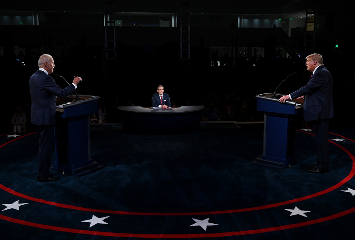 US President Donald Trump and Democratic presidential candidate, former Vice President Joe Biden, participate in the first presidential debate in Cleveland, Ohio, on 29 September 2020.