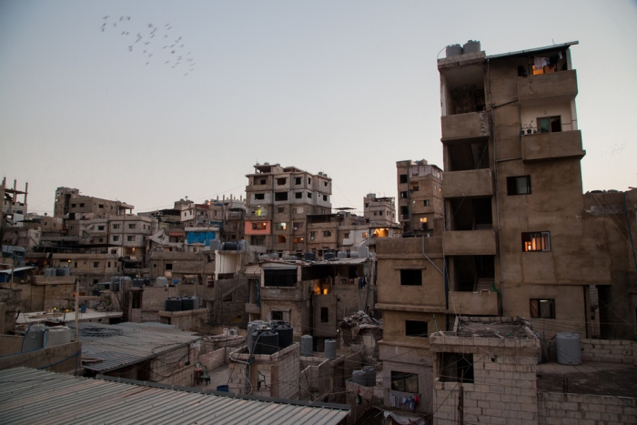 An exterior photo of housing in the Bourj el-Barajneh neighborhood of Beirut.