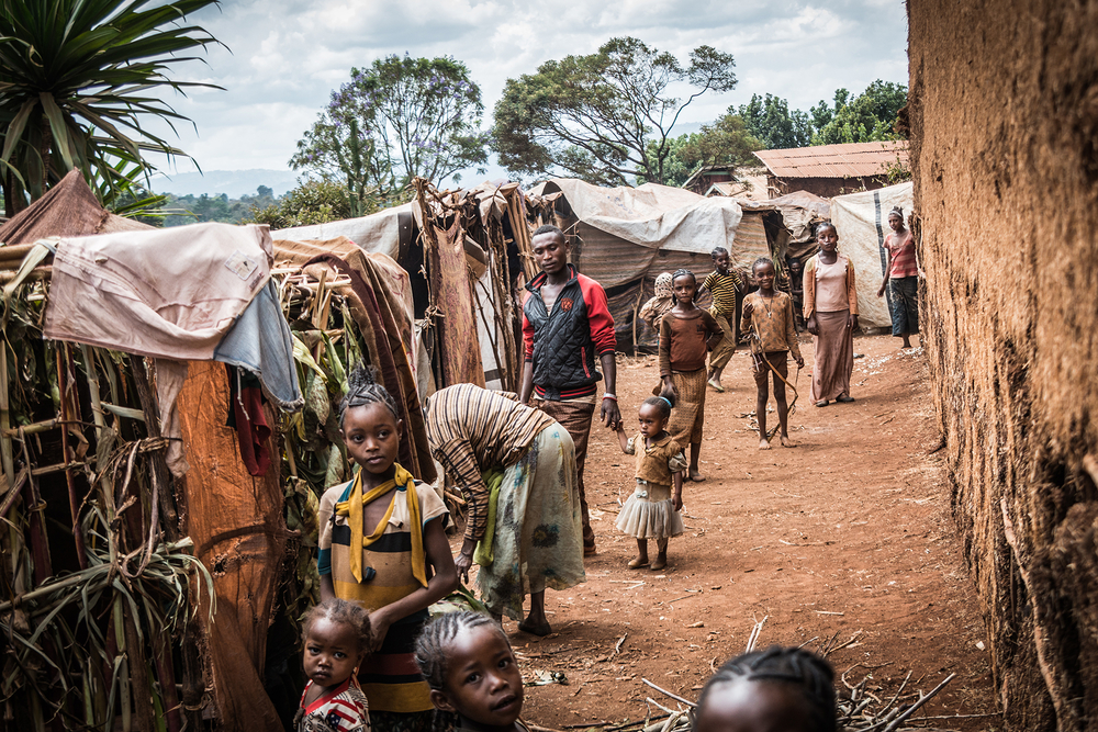 Some 20,000-30,000 displaced people now live in makeshift shelters like these in the Ethiopian village of Gotiti.