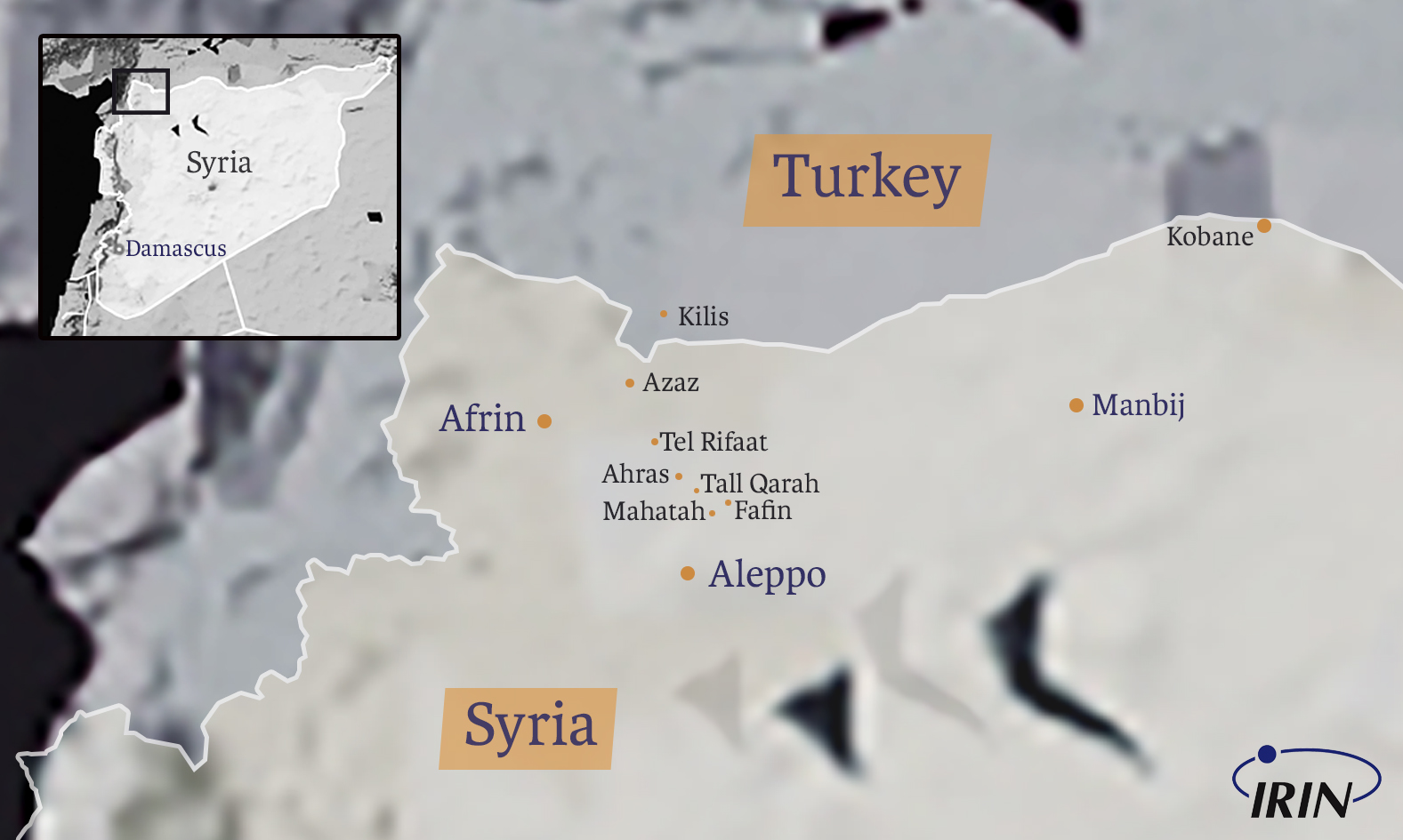 Map of northwestern Syria including Aleppo, Afrin, Manbij, and Tel Rifaat Map of northwestern Syria including Aleppo, Afrin, Manbij, and Tel Rifaat