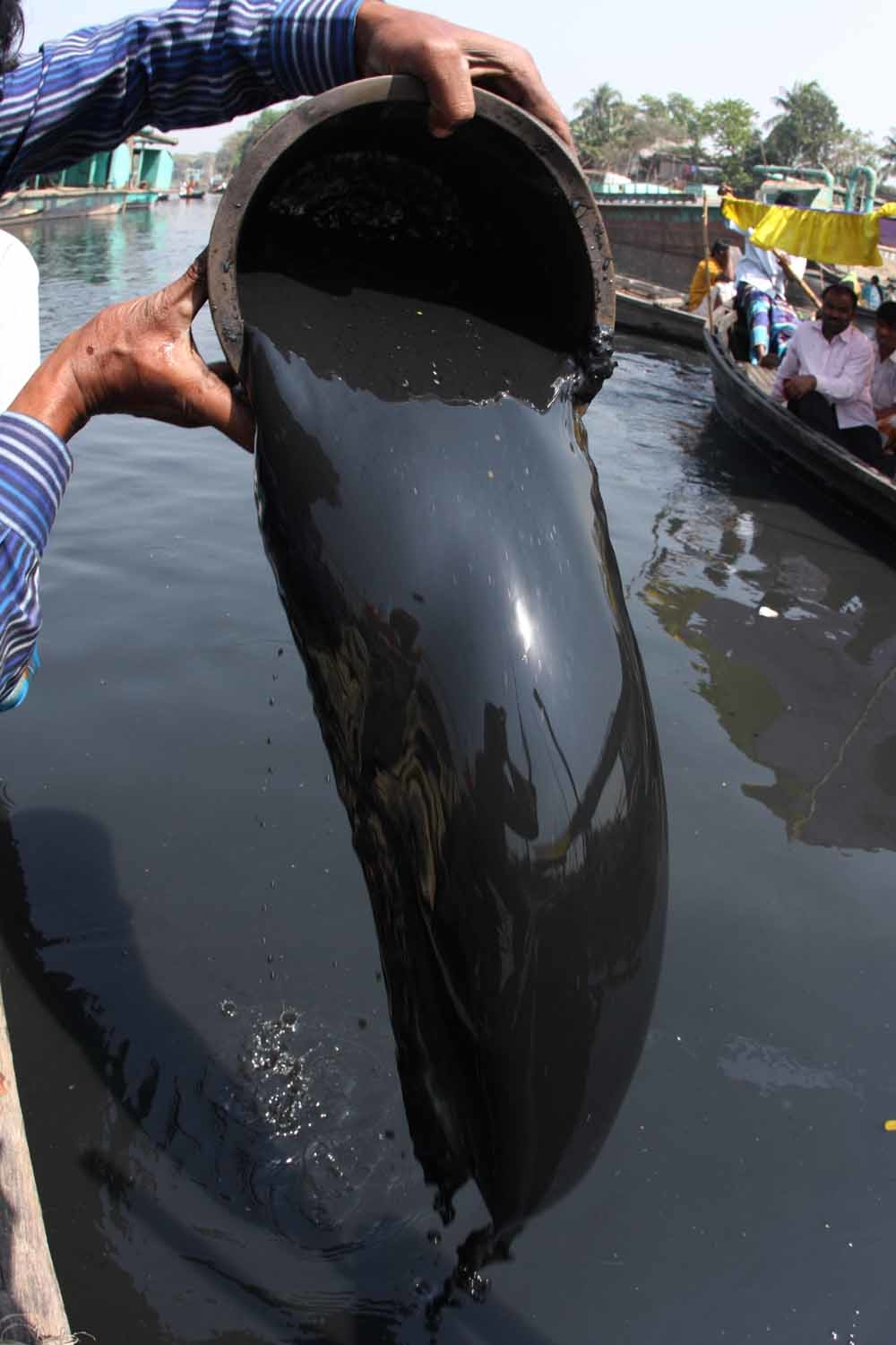 Pollution has turned the water of the River Balu into a thick black sludge
