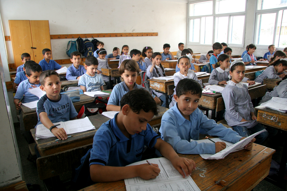 Palestinian school children attend mathematics lesson in a class in UNRWA Gaza Elementary School in Gaza city
