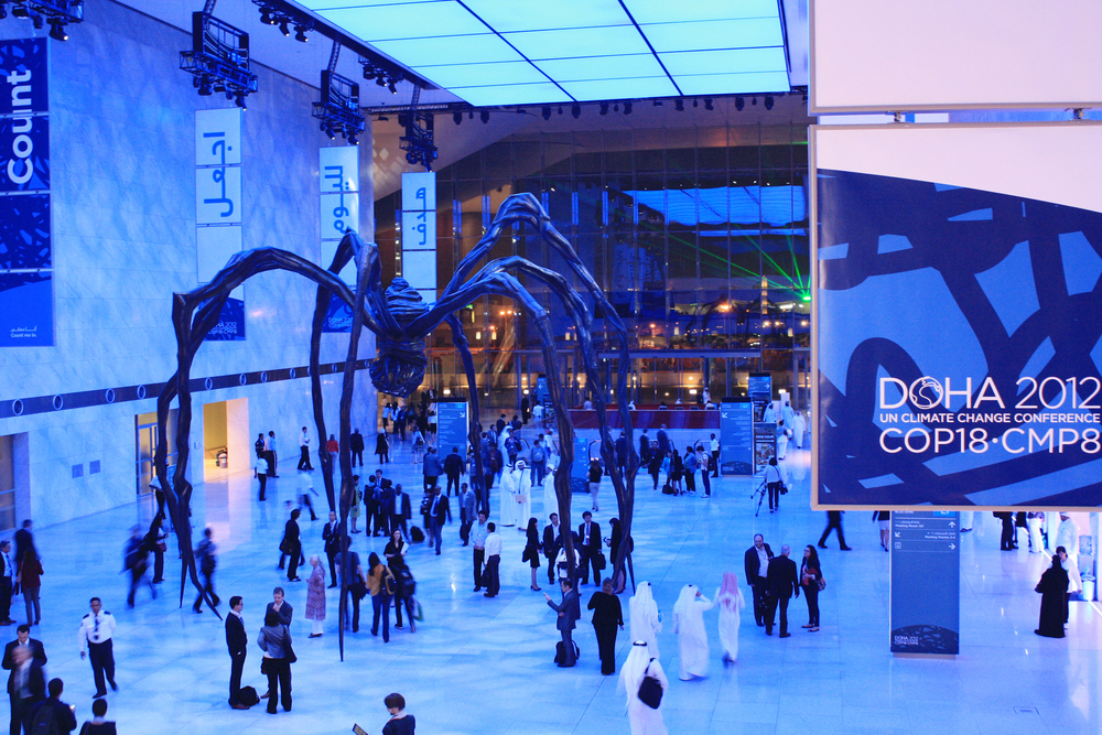 The Qatar National Convention Centre in Doha is teeming with life during the second week of the COP18. The sculpture named "Maman' by famous American artist Louise Bourgeois seen here is quite a talking point