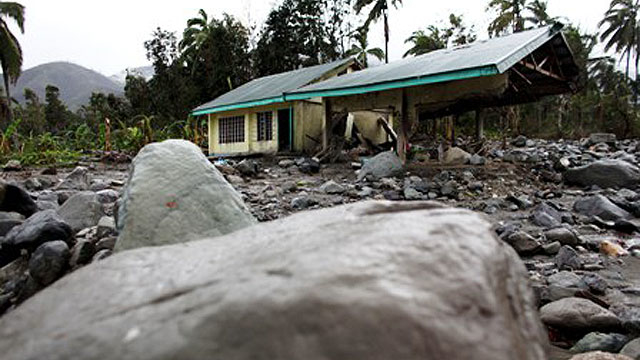 Only part of school remains in the town of Andap, Compostela Valley, Davao, southern Philippines. The region's education infrastructure was badly impacted by Typhoon Bopha in December 2012