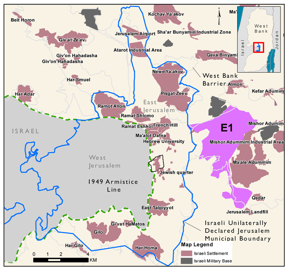 Beyond the E-1 Israeli settlement Beyond the E-1 Israeli settlement - <a href="http://www.irinnews.org/pdf/Jerusalem_Settlements_V2.pdf" target="_blank">View larger version of map here</a>