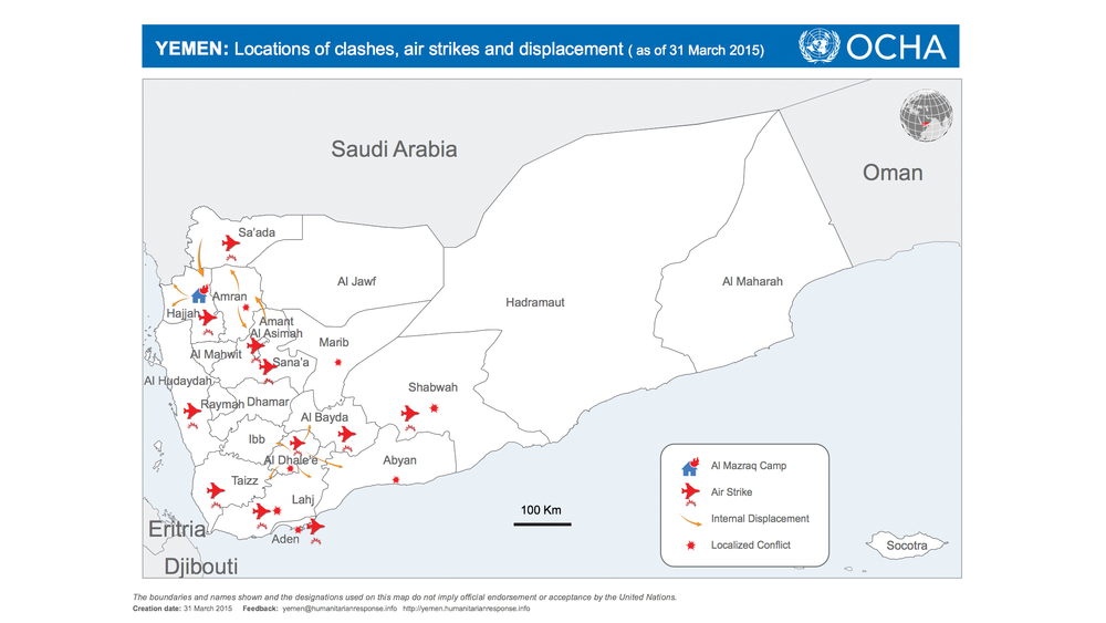 Yemenis rush to buy food and fuel as conflict escalates OCHA map of airstrikes in Yemen - March 31, 2015