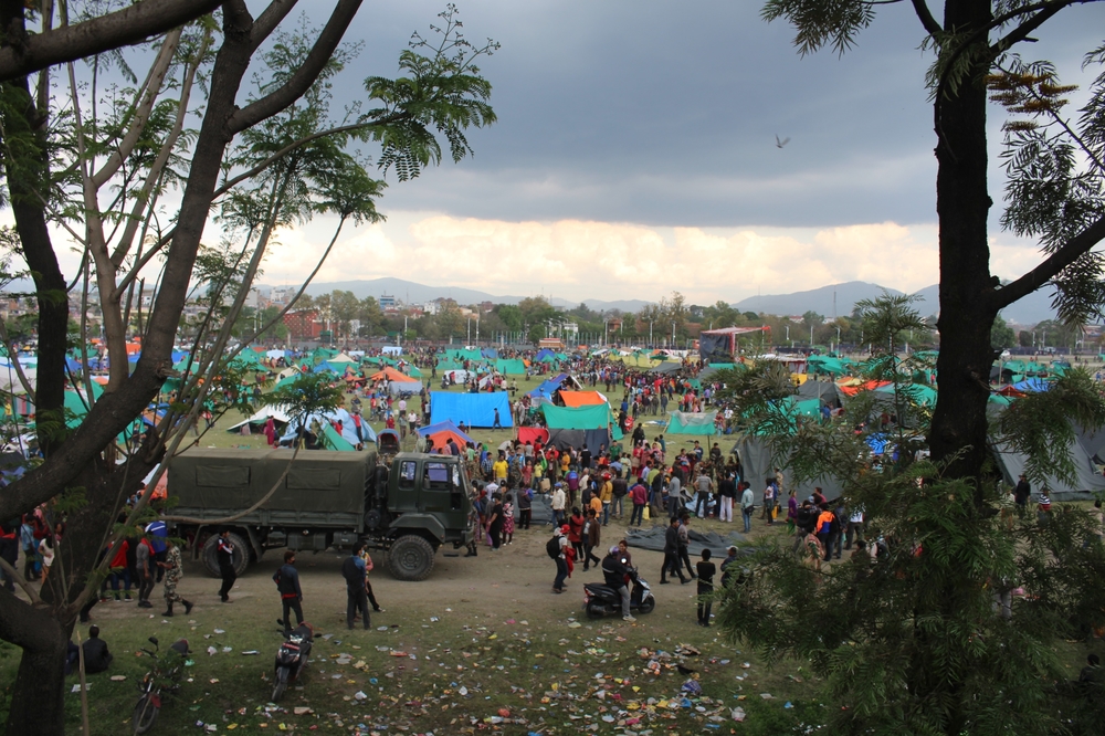 A mass of tented camps at the Tundhikhel area, in the centre of the Nepali capital Kathmandu, is home to the largest number of displaced families after a 7.8-magnitude earthquake struck on 25 April 2015. Local NGOs estimate more than 40,000 families live 