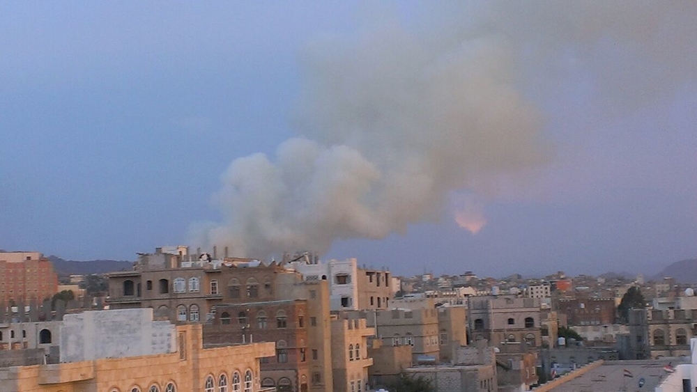 Will Yemen truce allow aid in at last? Smoke billows out after an explosion in the Noqum Mountain area of Sanaa, Yemen, early evening Monday 11 May, 2015. Airstrikes (believed to be from Saudi planes) hit a weapons supply in the area. The weapons supply belonged to the army, factions of which