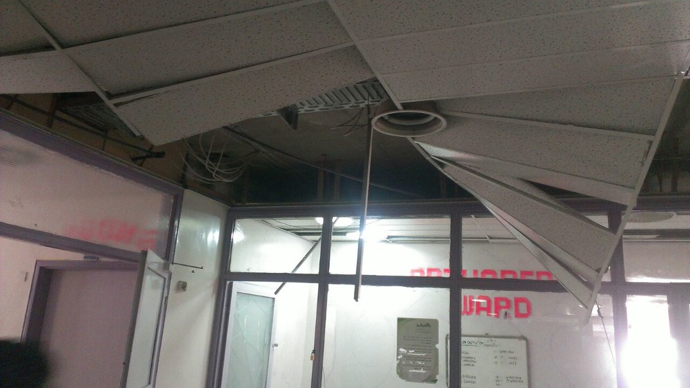 Will Yemen truce allow aid in at last? Damage to a public hospital in Sanaa, Yemen, after Saudi airstrikes on Monday 11 May 2015 hit a weapons store and caused a series of explosions in the Noqum Mountain area of the city.